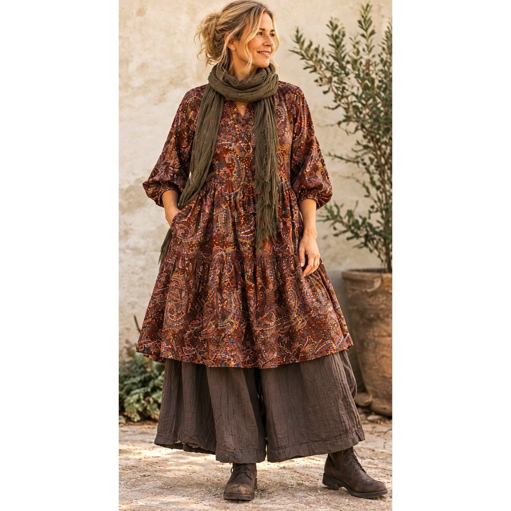 Brown Paisley Tiered Mock Neck A-Line Dress 1X 100% Cotton Lagenlook Cottagecore